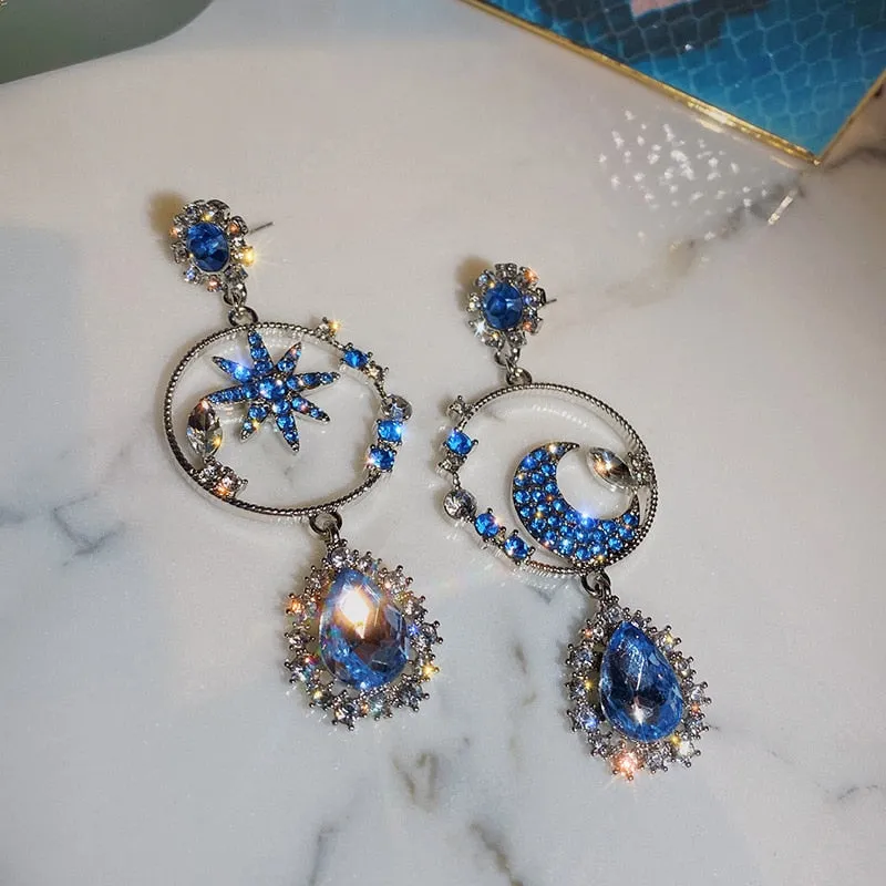 Glittering Star And Moon Drop Earrings