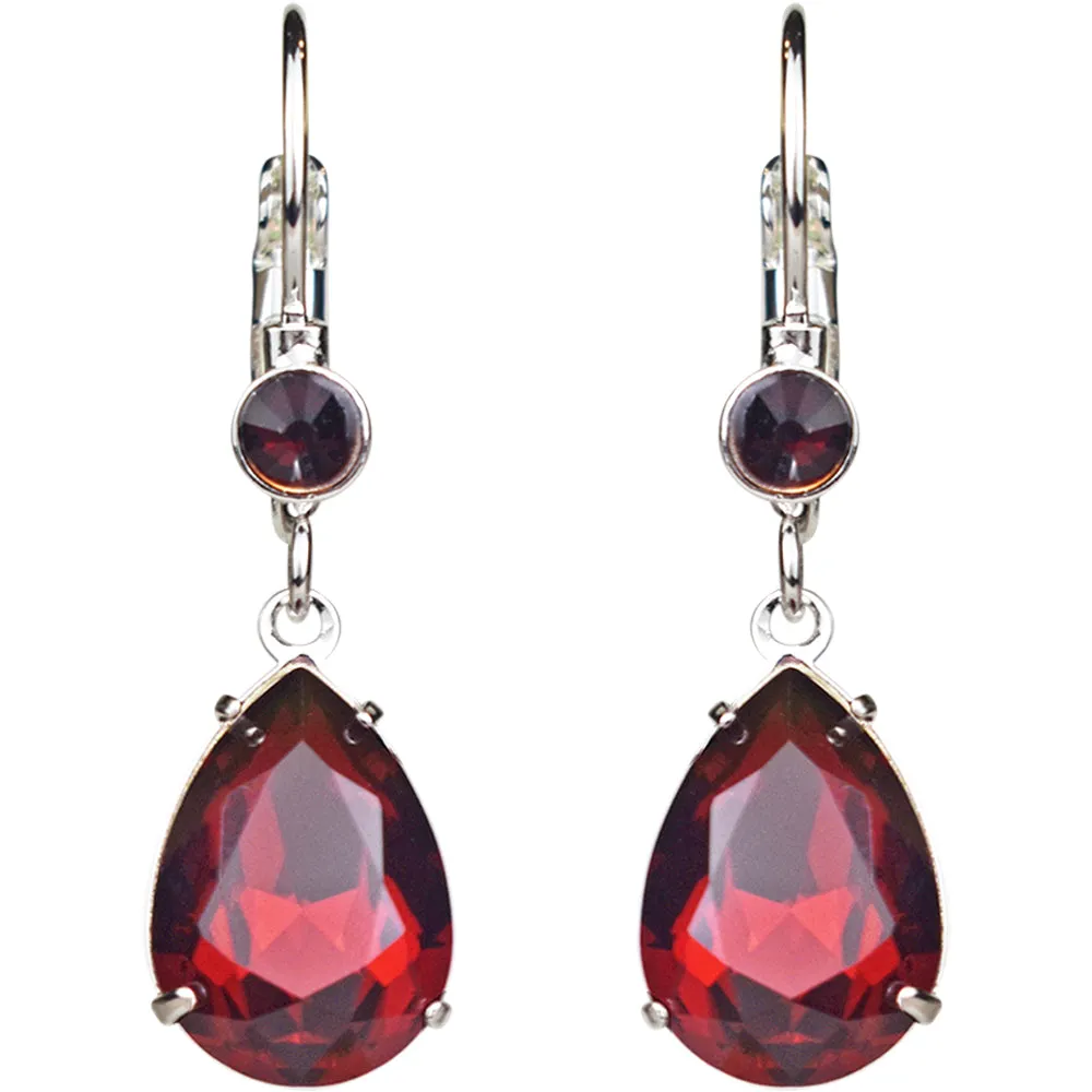 Goddess Tears Leverback Earrings (Sterling Silvertone/Ruby Red)