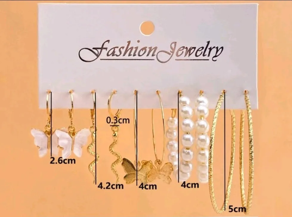 Gold Butterfly & Faux Pearl Earrings. ( 5 PCS )