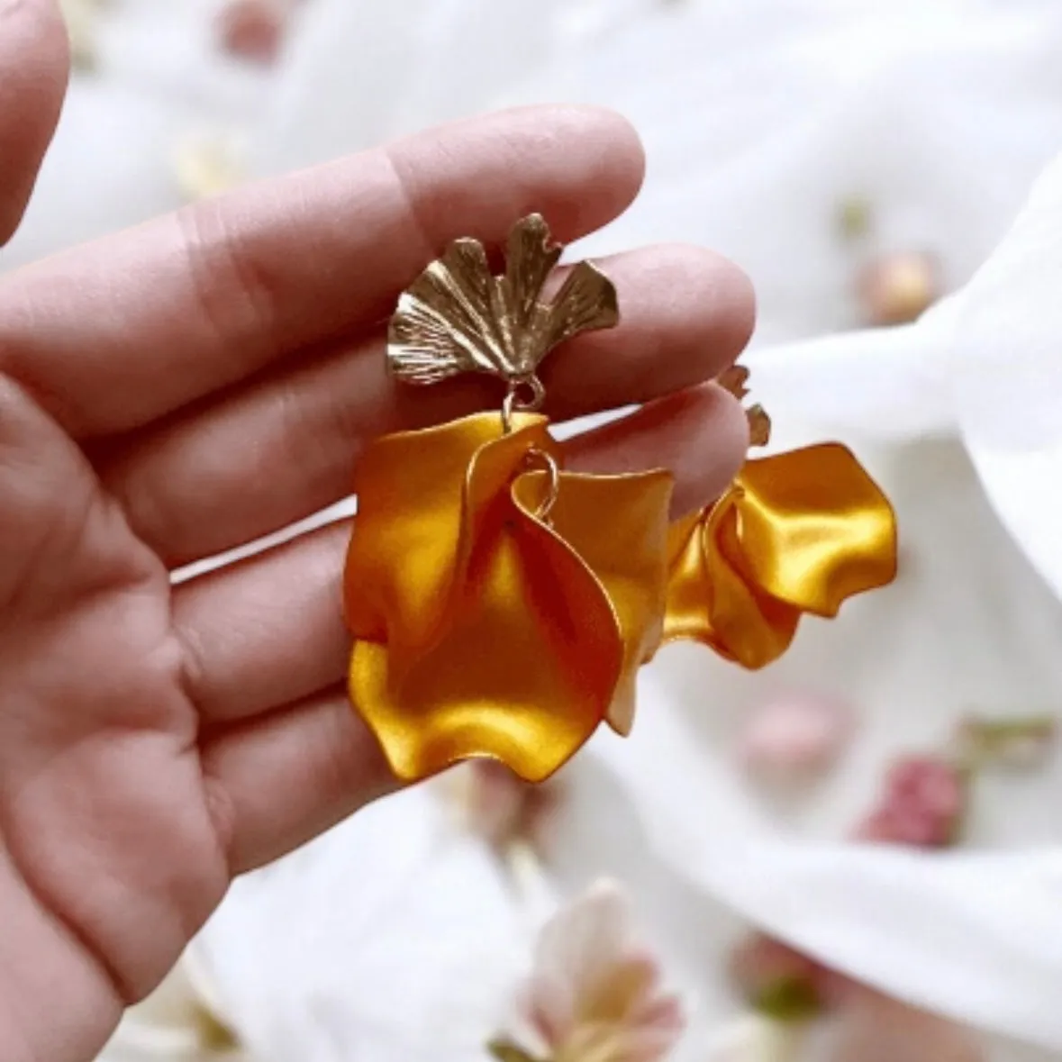 Gold- shimmer Yellow ginkgo flower earrings |dangly earrings | frosted petals statement earrings | golden disc floral bridal earrings