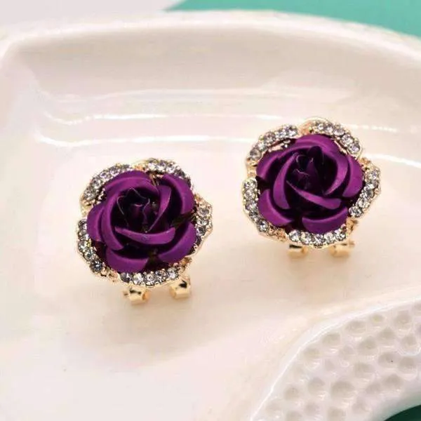 Golden Reflections Metallic Rose Lever Back Stud Earrings - in Four Colors