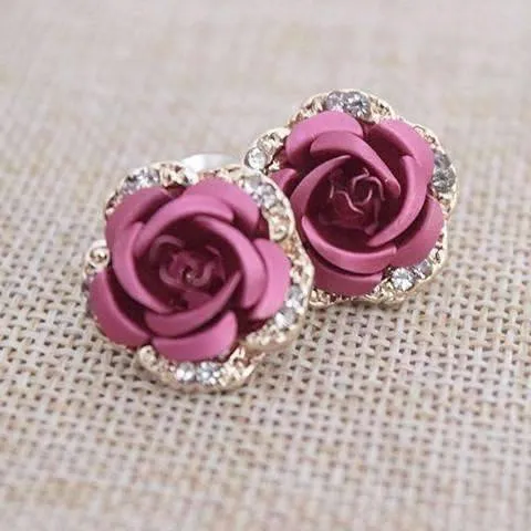 Golden Reflections Metallic Rose Lever Back Stud Earrings - in Four Colors