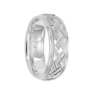 INTRIGUE 14k White Gold Wedding Band Brushed Finish Engraved Diagonal Crossed Center Milgrain Rolled Edges by Artcarved - 7 mm