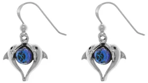 Jewelry Trends Sterling Silver Double Love Dolphins Earrings with Bermuda Blue Crystals