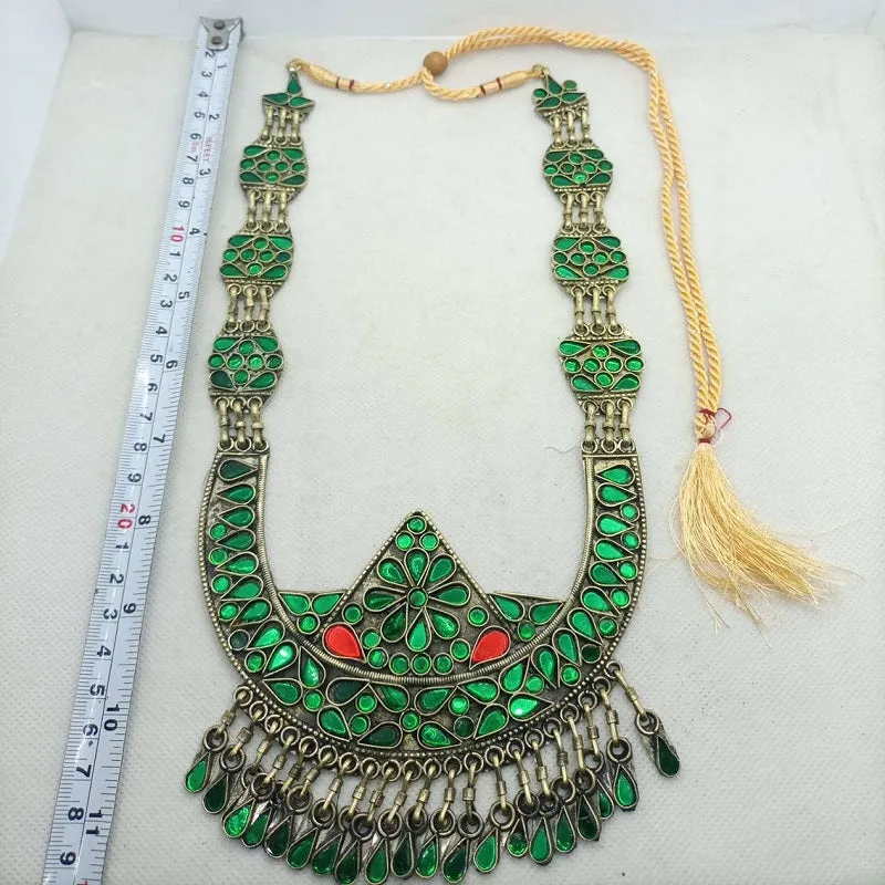 Kuchi Pendant, Glass Stones Pendant Necklace With Dangling Tassels, Long Pendant Necklace