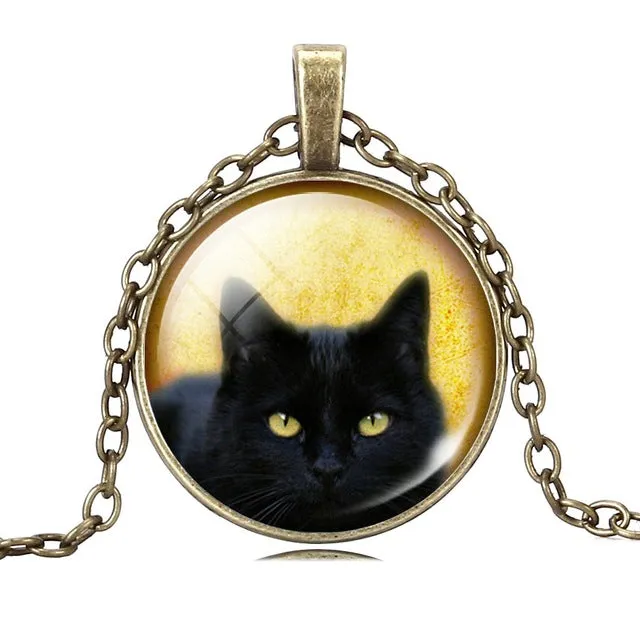 LIEBE ENGEL Unique Necklace Glass Cabochon Silver Bronze Chain Necklace Black Cat Picture Vintage Pendant Necklace For Women