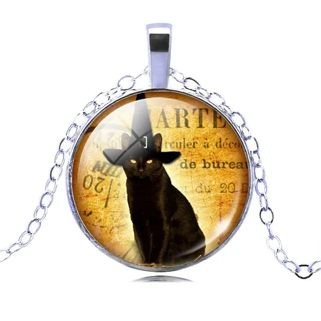 LIEBE ENGEL Unique Necklace Glass Cabochon Silver Bronze Chain Necklace Black Cat Picture Vintage Pendant Necklace For Women