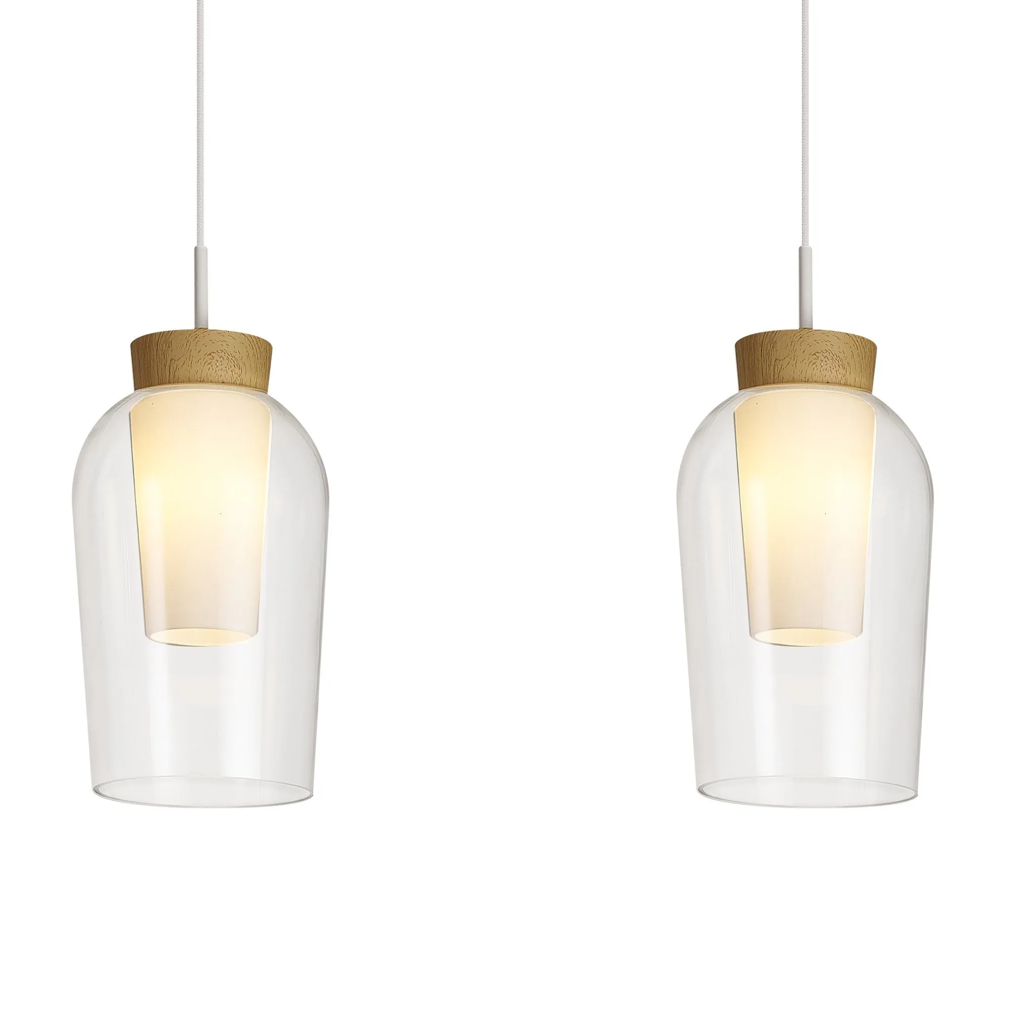 Mantra M8277 Nora 3 Light Linear Pendant White/Wood/Clear Glass With Frosted Inner