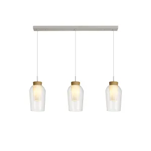 Mantra M8277 Nora 3 Light Linear Pendant White/Wood/Clear Glass With Frosted Inner