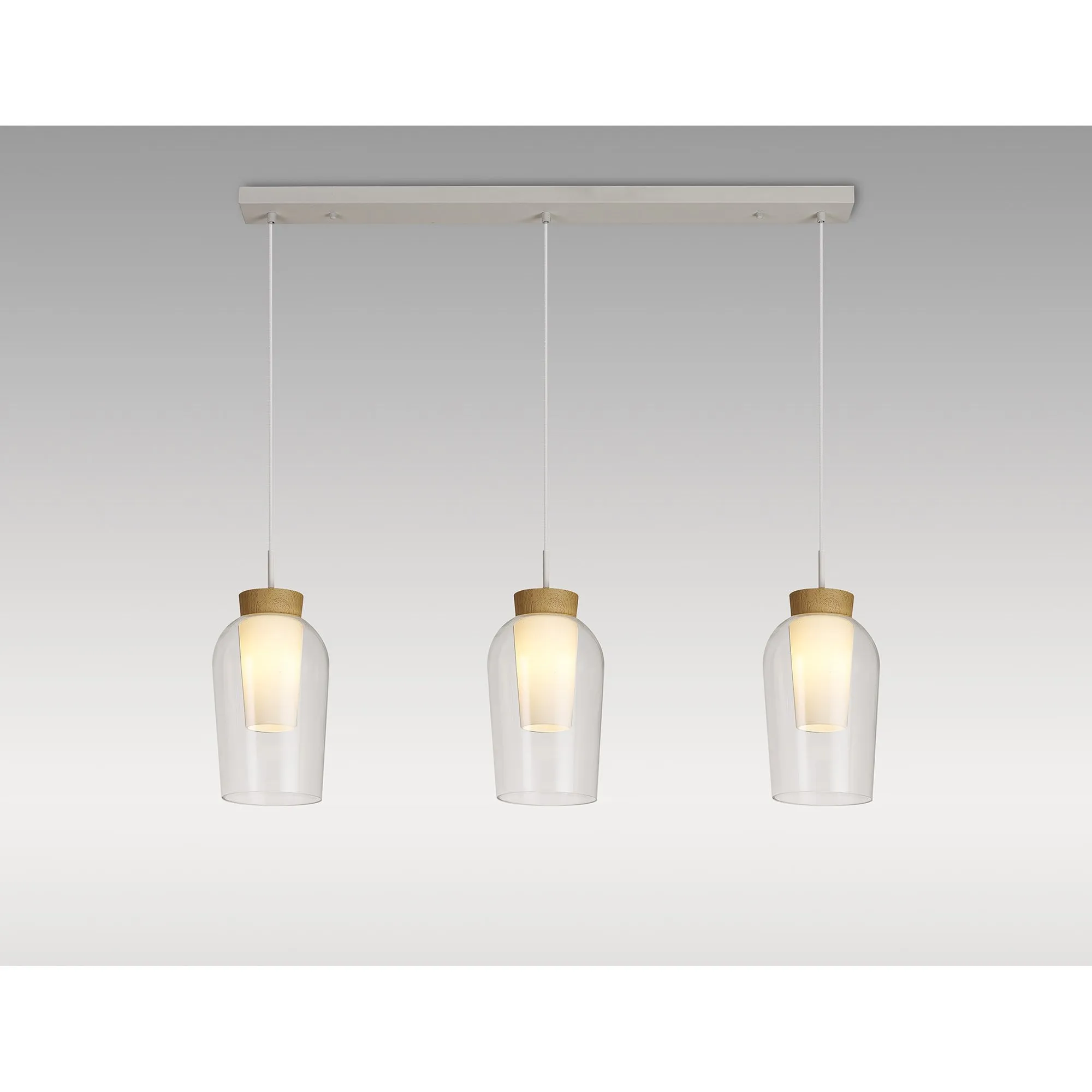 Mantra M8277 Nora 3 Light Linear Pendant White/Wood/Clear Glass With Frosted Inner