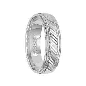 MONTEREY 14k White Gold Wedding Band Diagonal Engraved Center Design with Milgrain Rolled Edges by Artcarved - 6 mm