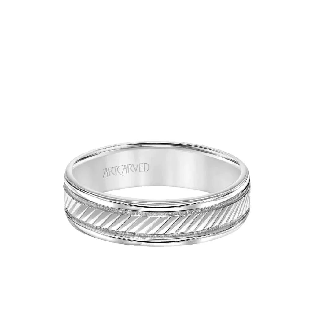 MONTEREY 14k White Gold Wedding Band Diagonal Engraved Center Design with Milgrain Rolled Edges by Artcarved - 6 mm