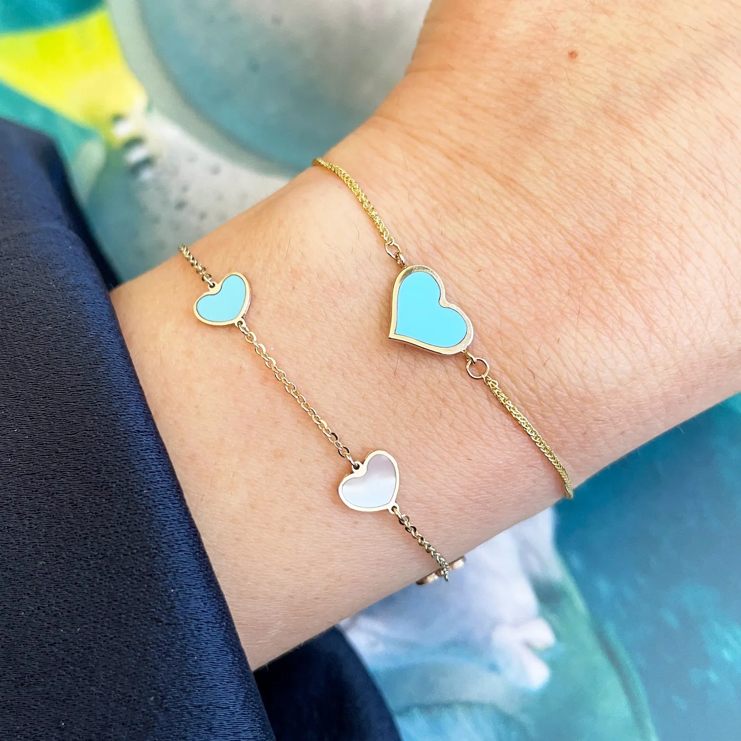 Mother of Pearl and Turquoise Mixed Heart Station Bracelet