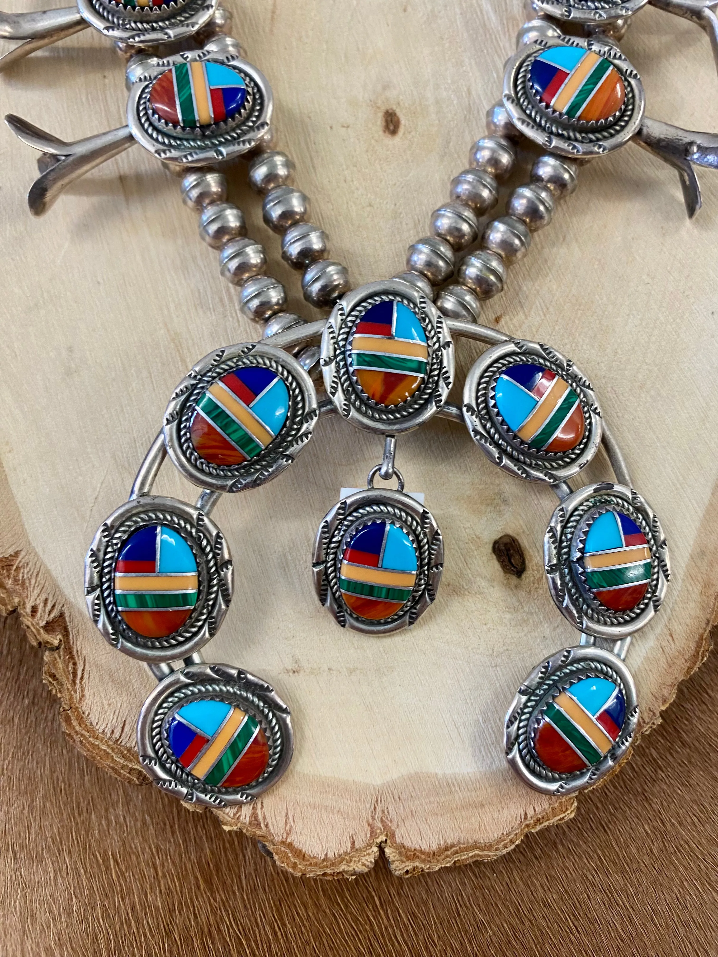 Multicolor Inlay Sterling Silver Squash Blossom Necklace Set