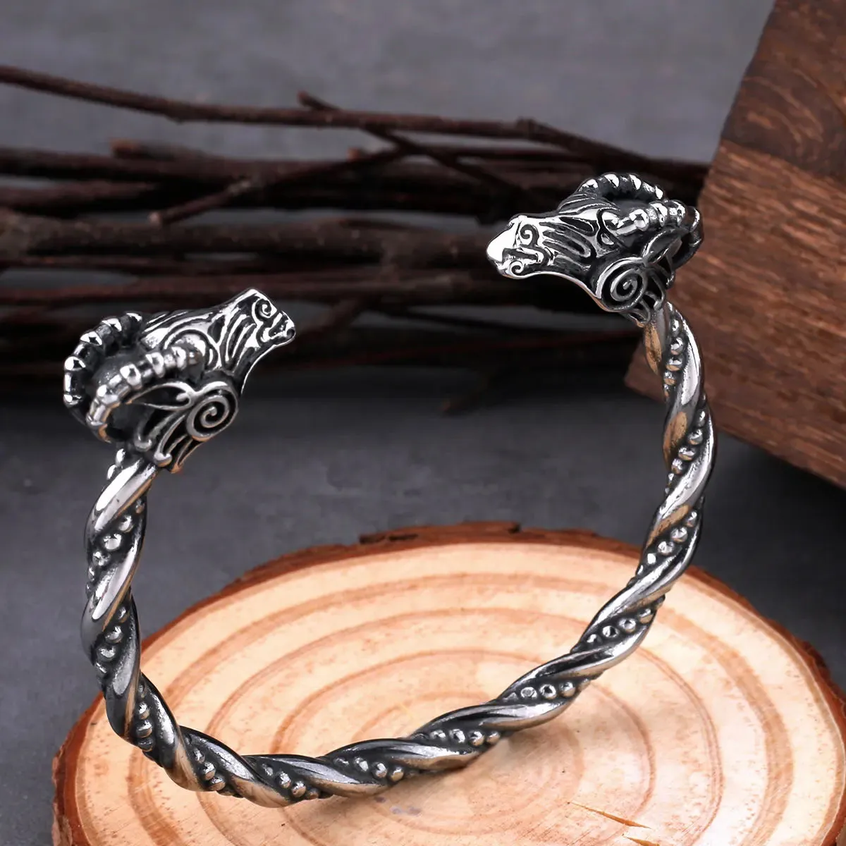 Nordic Goat Head Animal Cuff Viking Bracelet