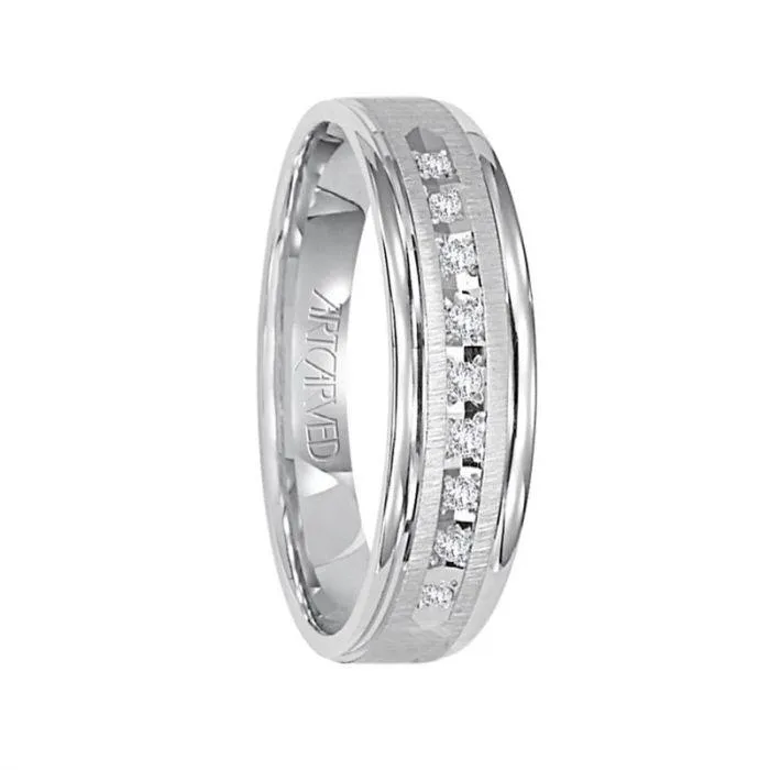 PEMBROOK 14k White Gold Wedding Band Flat Vertical Brushed Finish with Center Row of Diamonds Rolled Edges- 6 mm