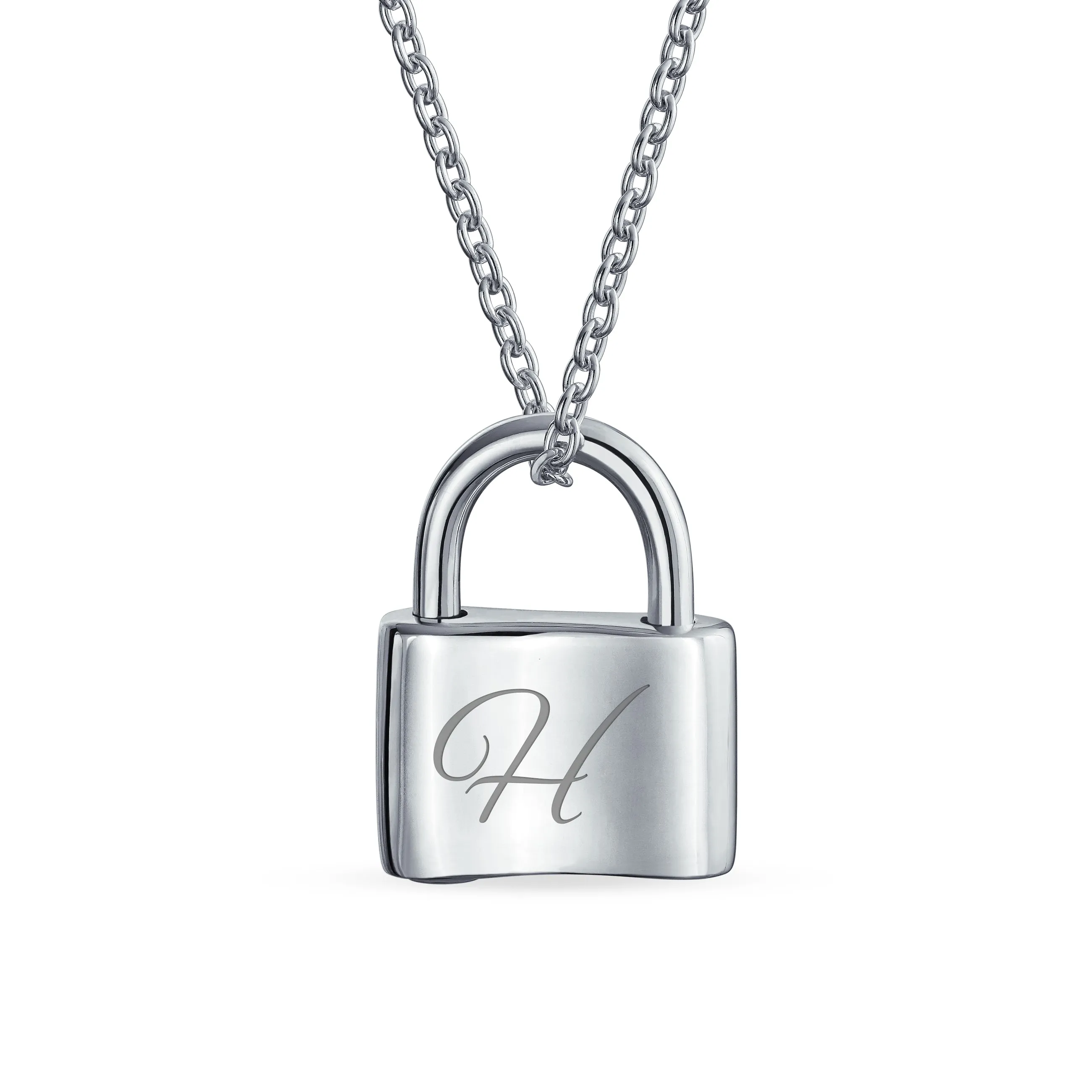 Personalized Script Initial Lovers Padlock Pendant Necklace Silver