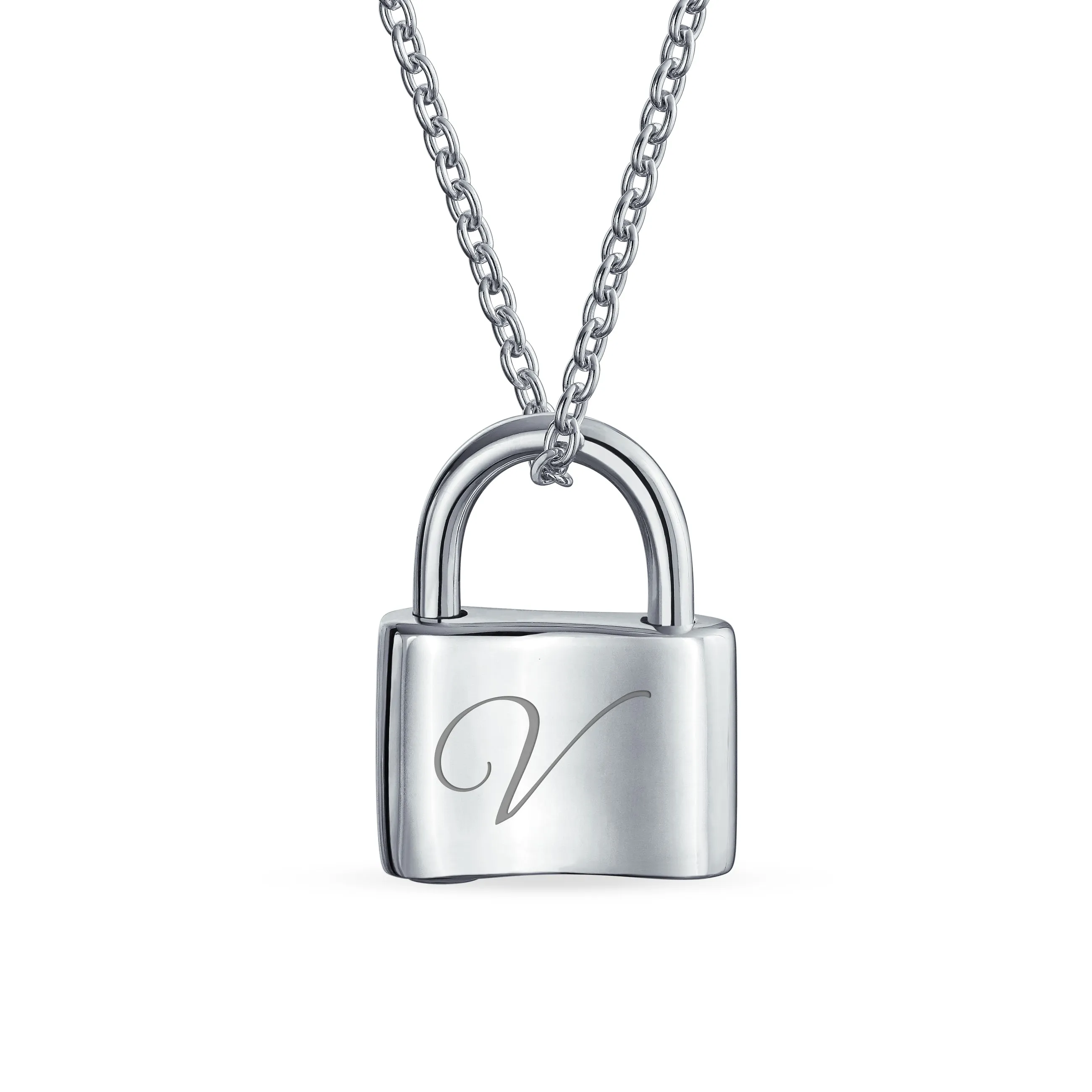 Personalized Script Initial Lovers Padlock Pendant Necklace Silver