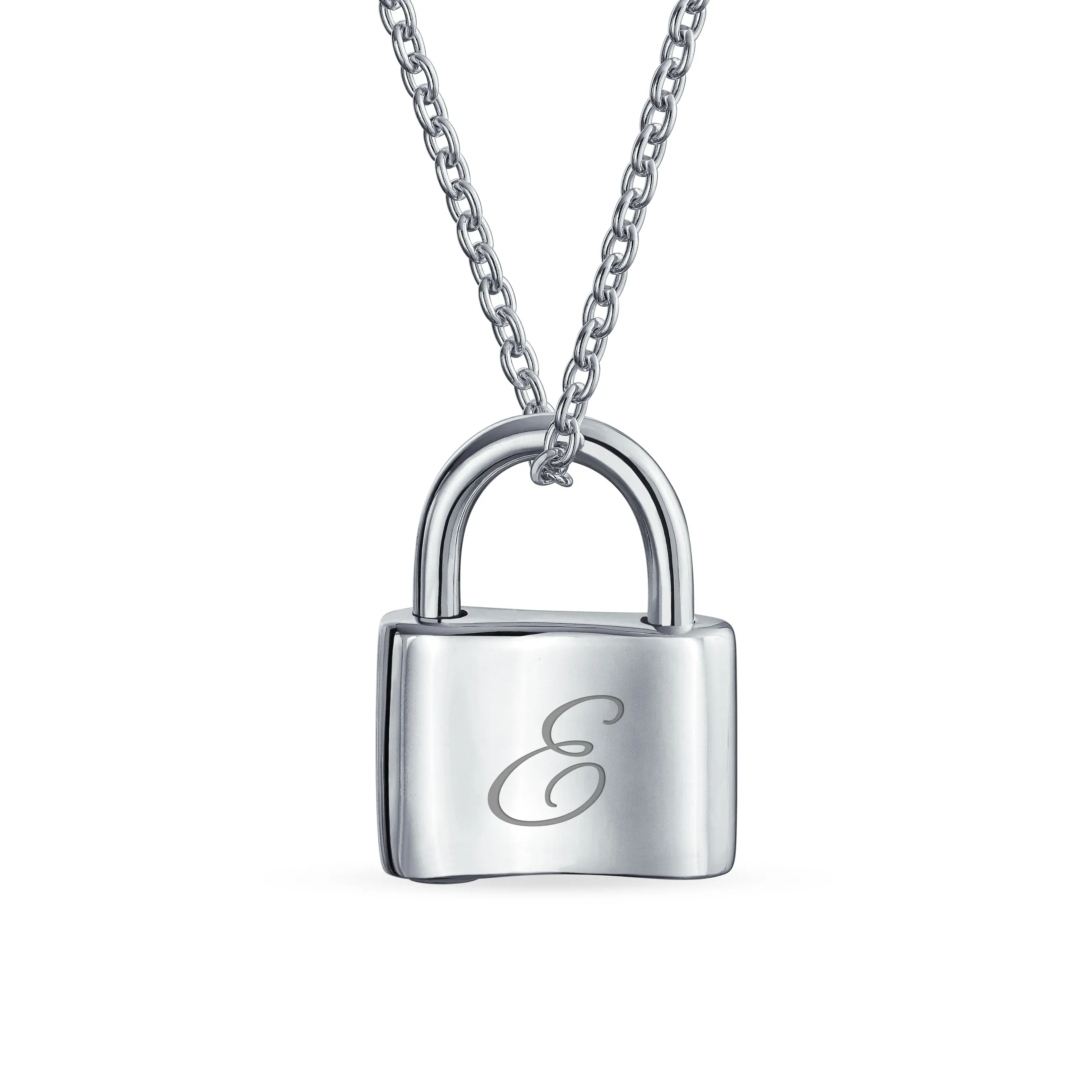 Personalized Script Initial Lovers Padlock Pendant Necklace Silver