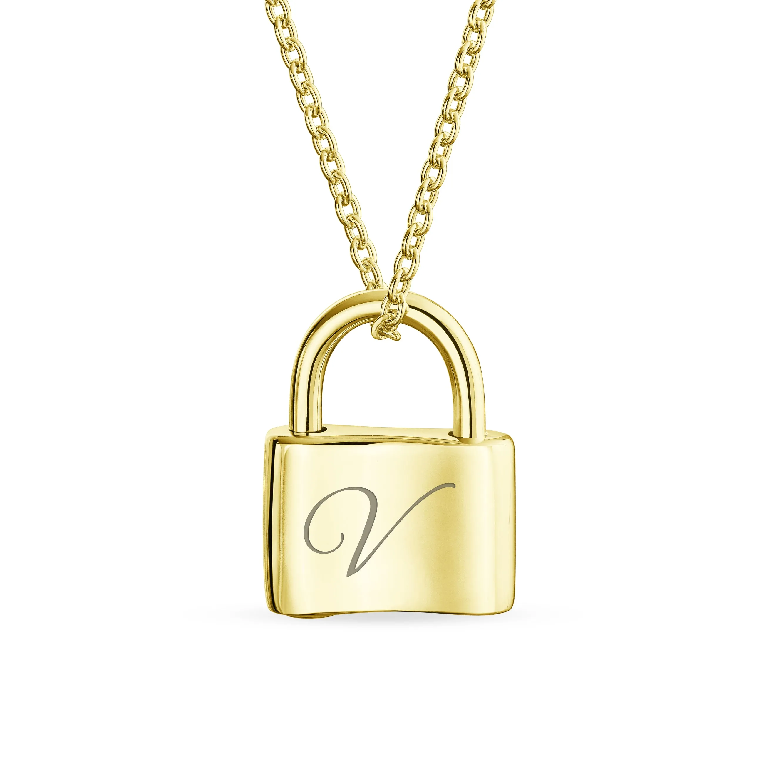 Personalized Script Initial Lovers Padlock Pendant Necklace Silver