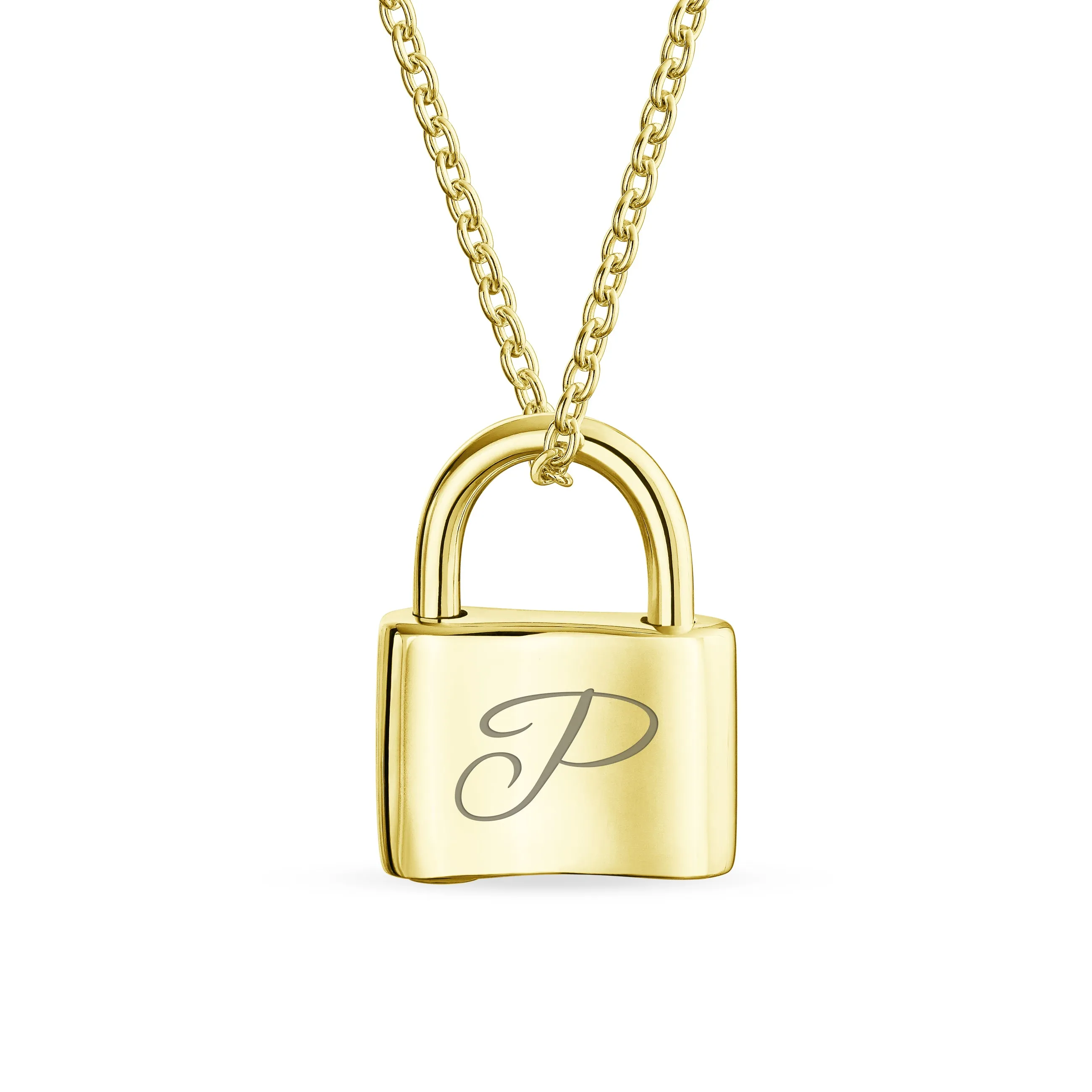 Personalized Script Initial Lovers Padlock Pendant Necklace Silver