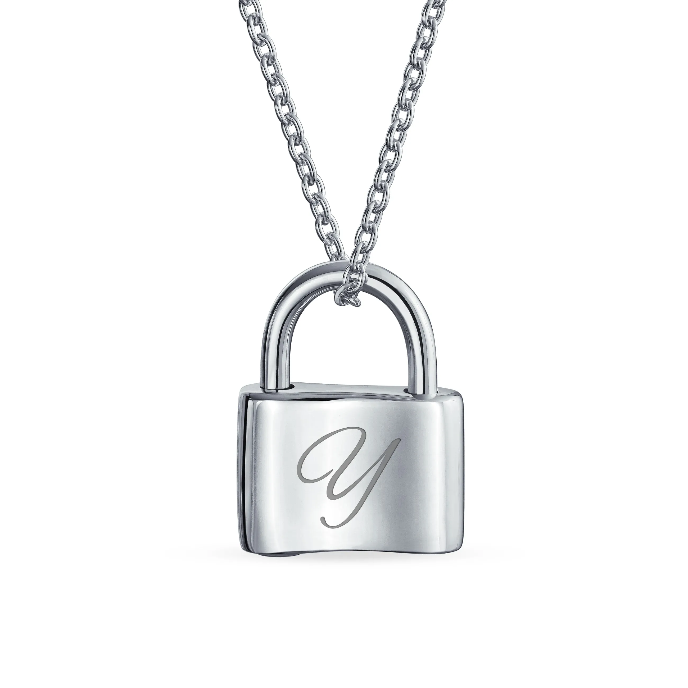 Personalized Script Initial Lovers Padlock Pendant Necklace Silver