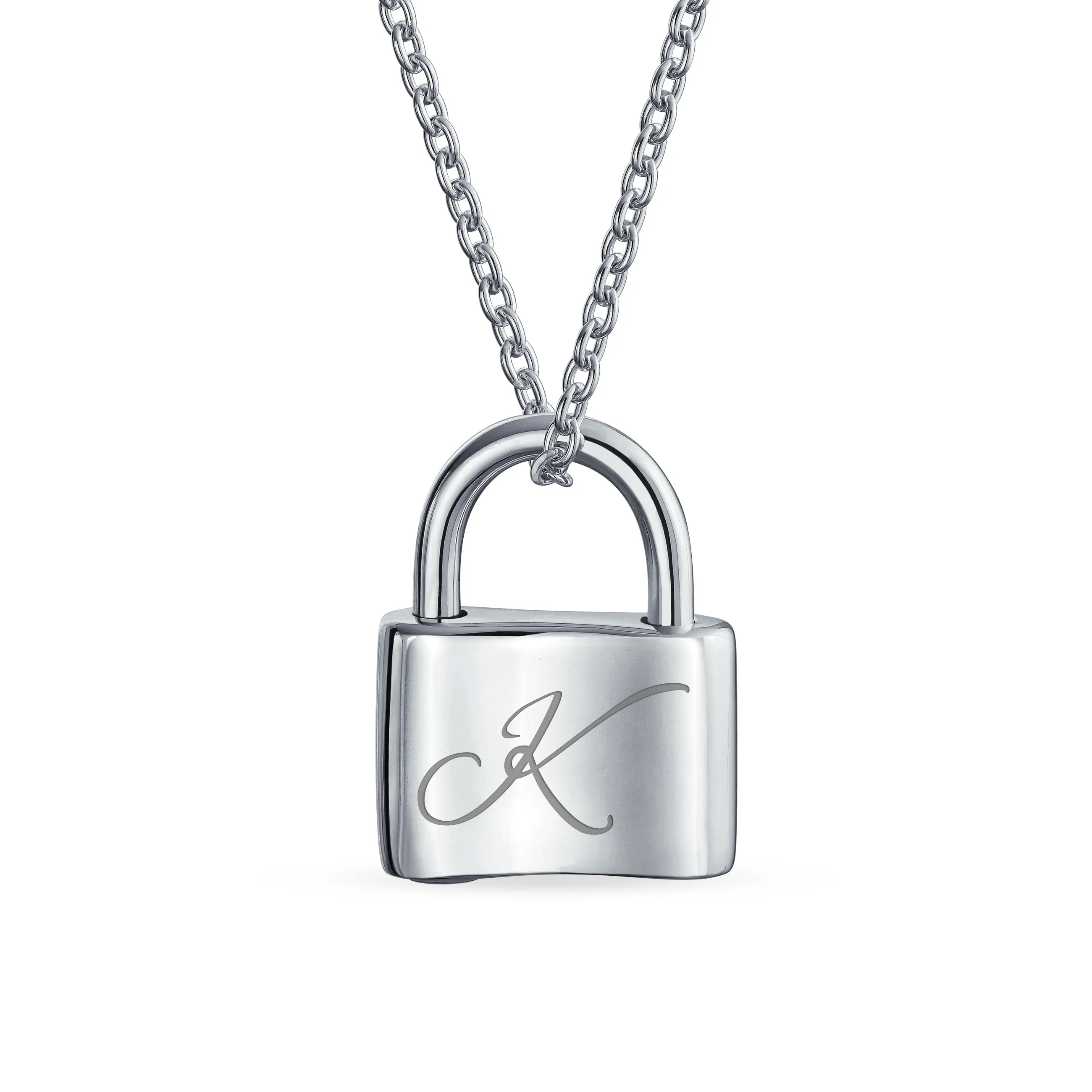 Personalized Script Initial Lovers Padlock Pendant Necklace Silver