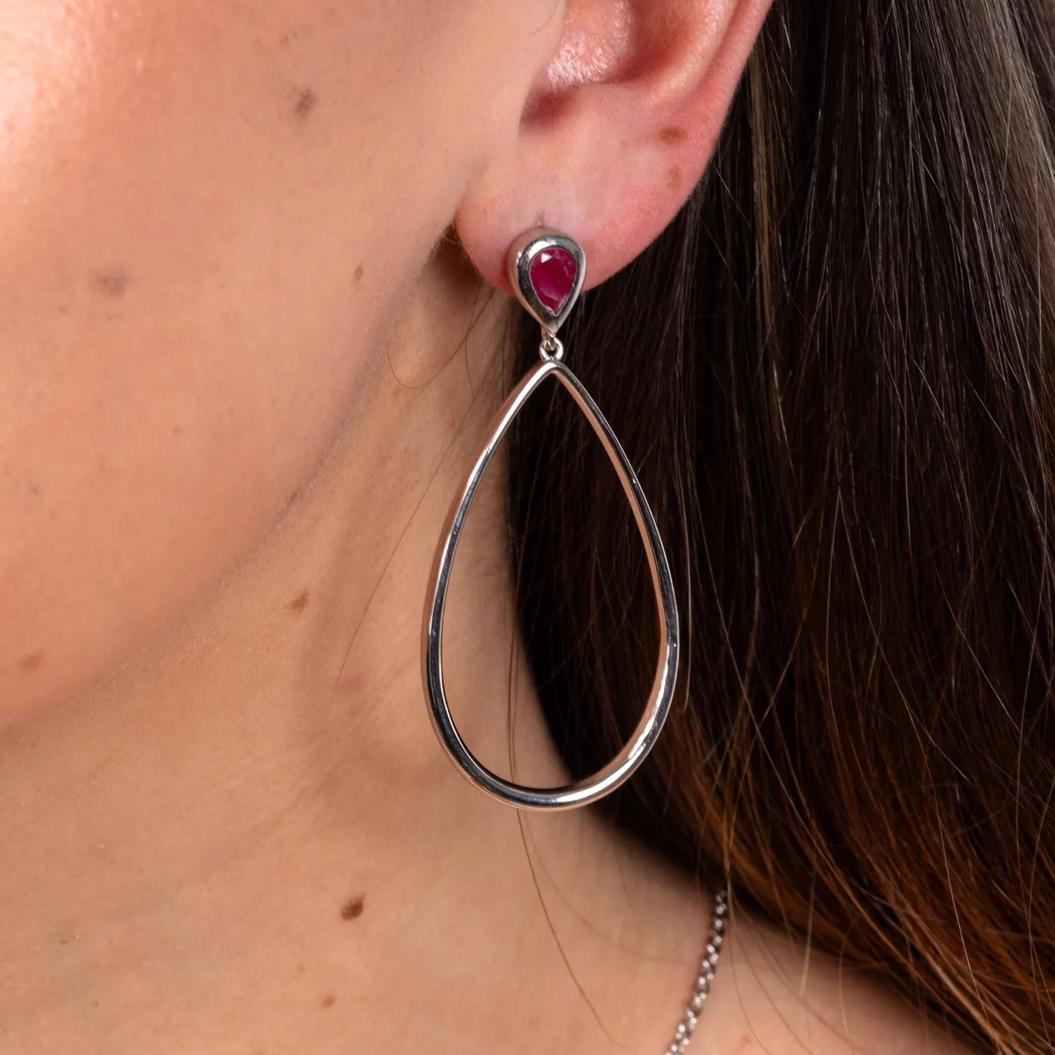 Petal Drop Earrings with Pear Cut Ruby in Sterling Silver