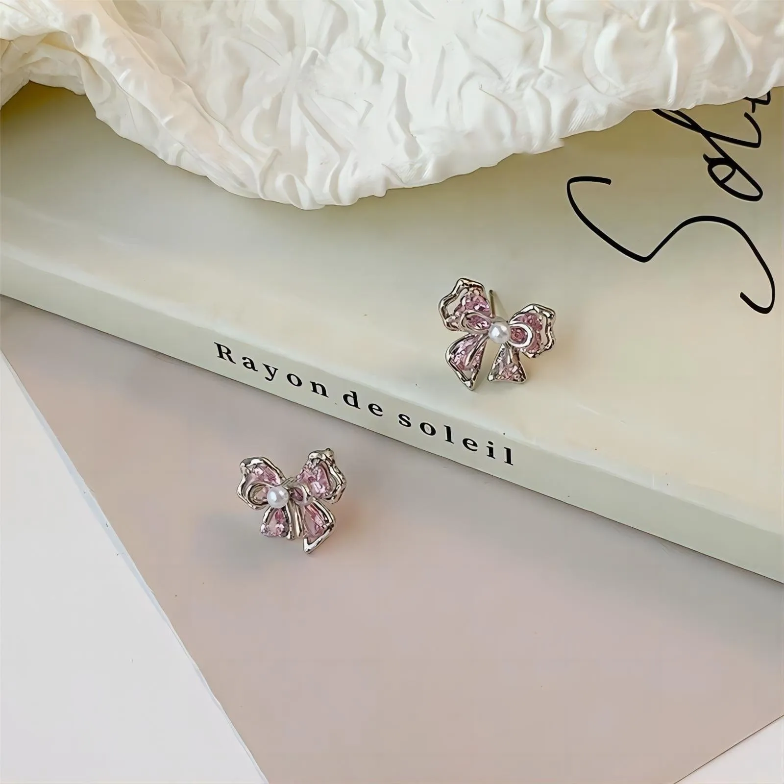 Pink Crystal Bowknot Pearl Earrings