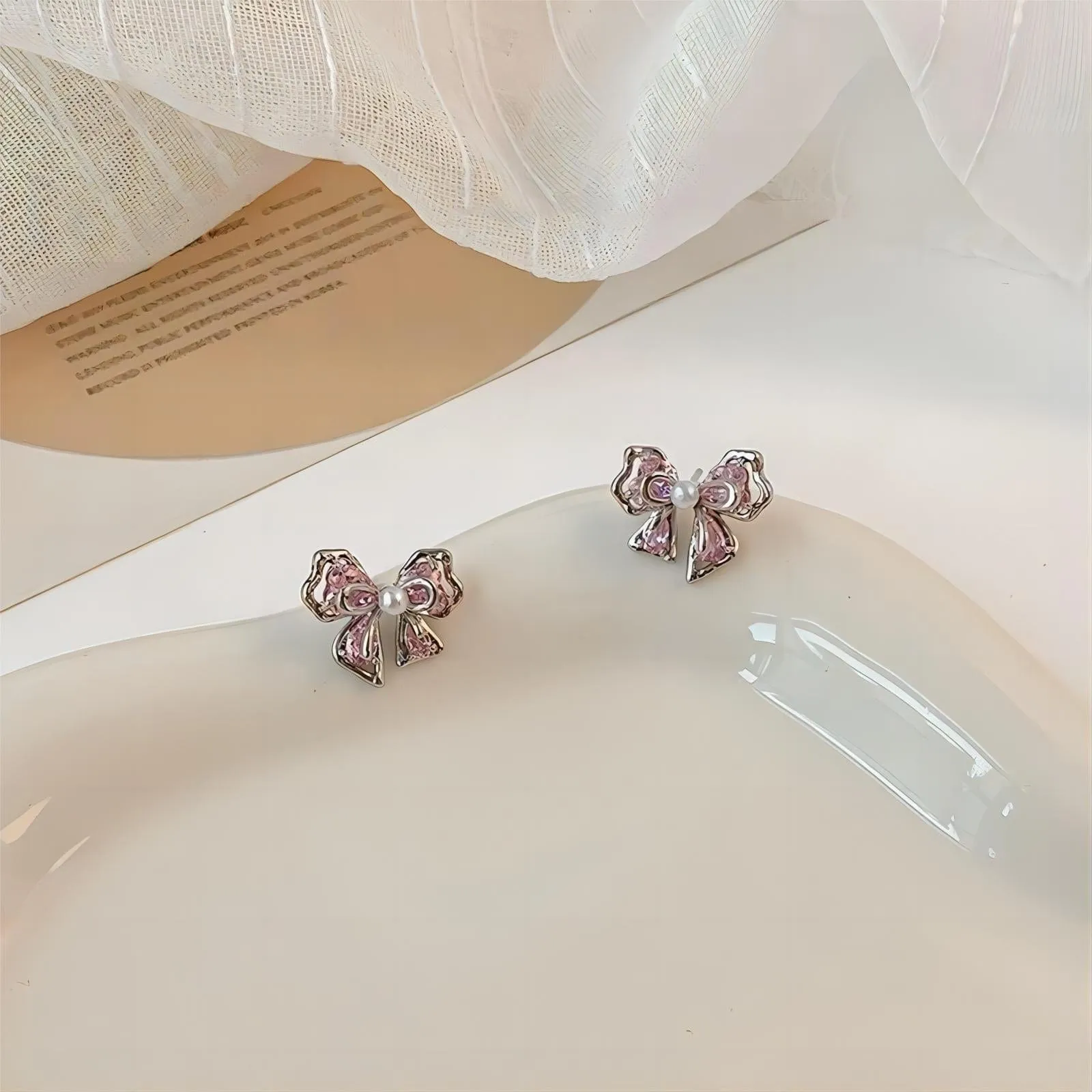 Pink Crystal Bowknot Pearl Earrings