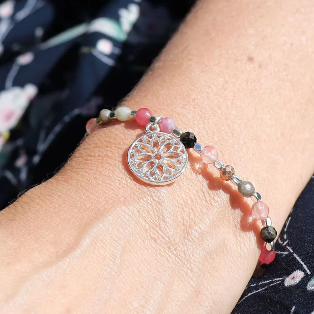 POM Mixed Pink Bead and Silver Plated Mandala Bracelet