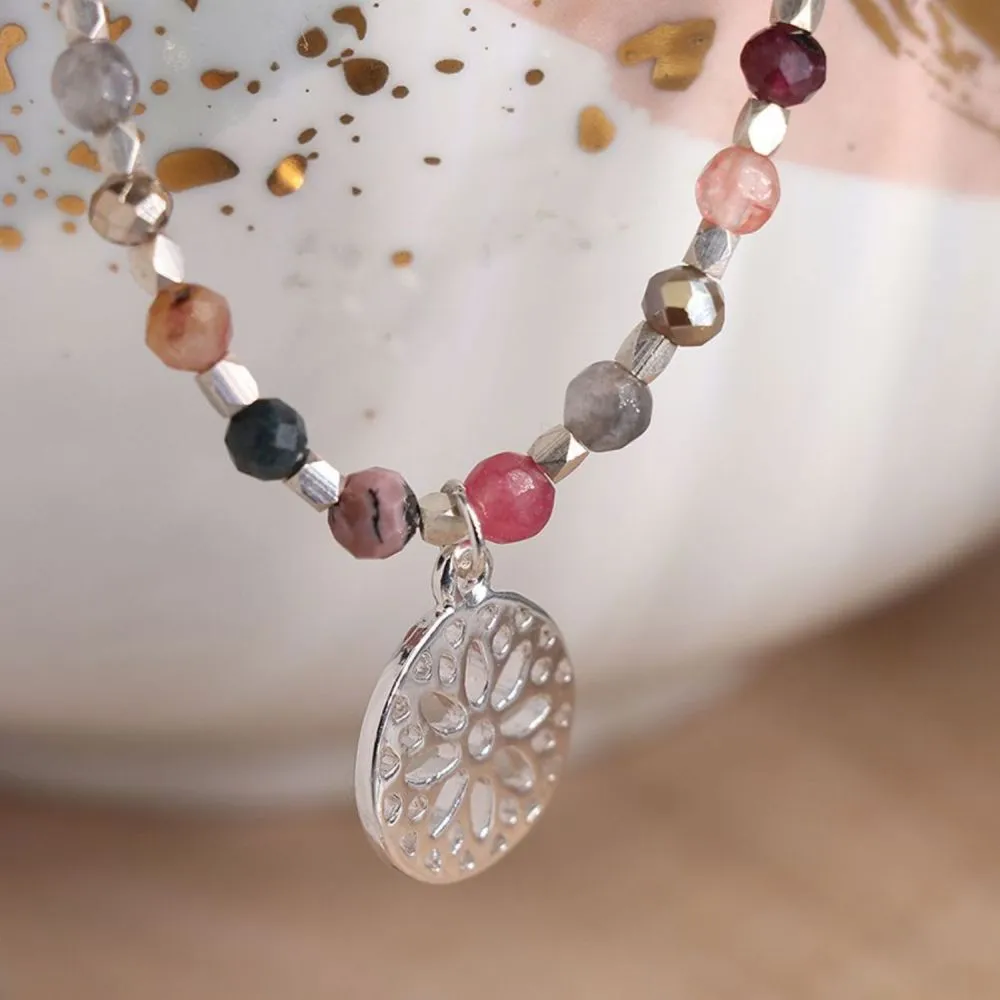 POM Mixed Pink Bead and Silver Plated Mandala Bracelet