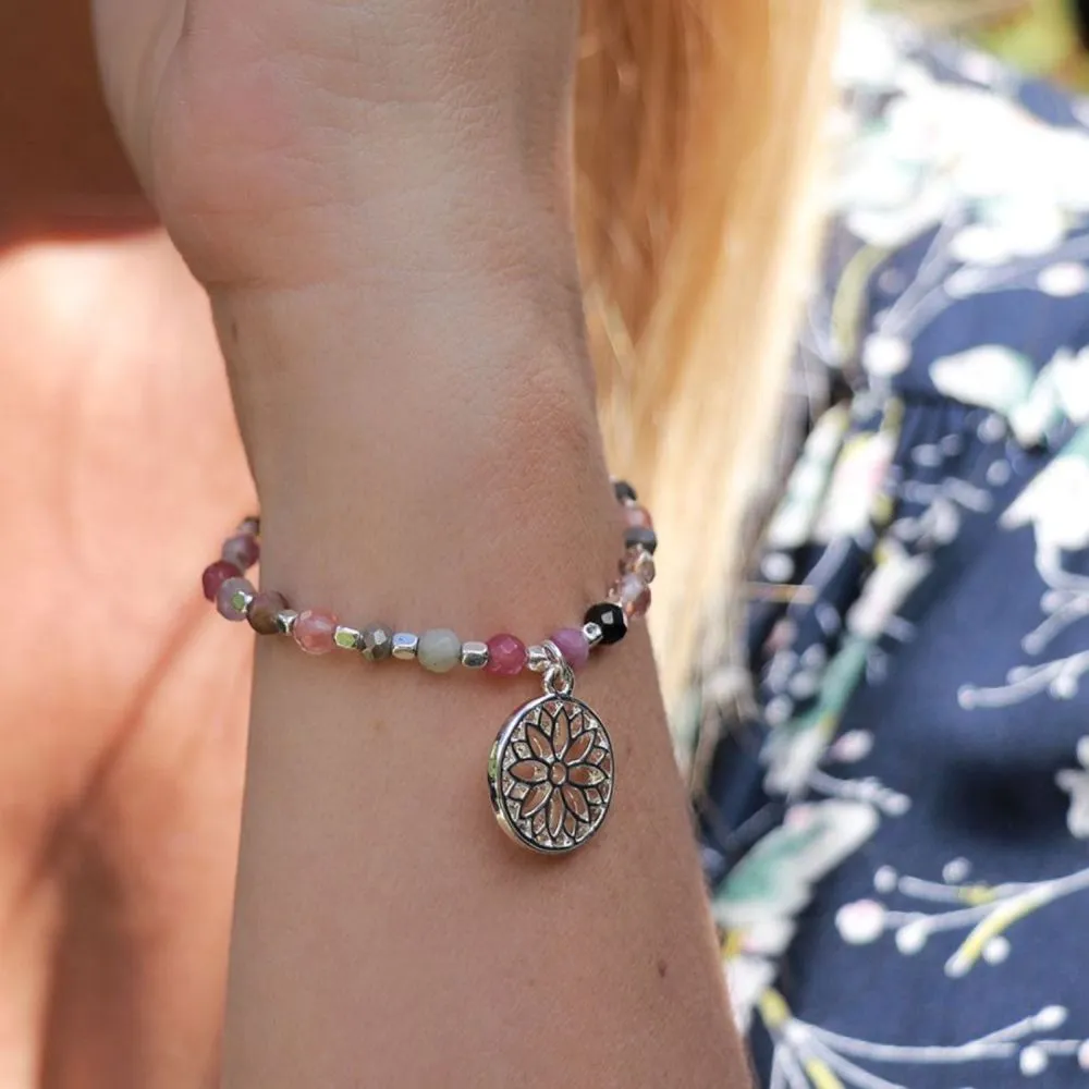 POM Mixed Pink Bead and Silver Plated Mandala Bracelet