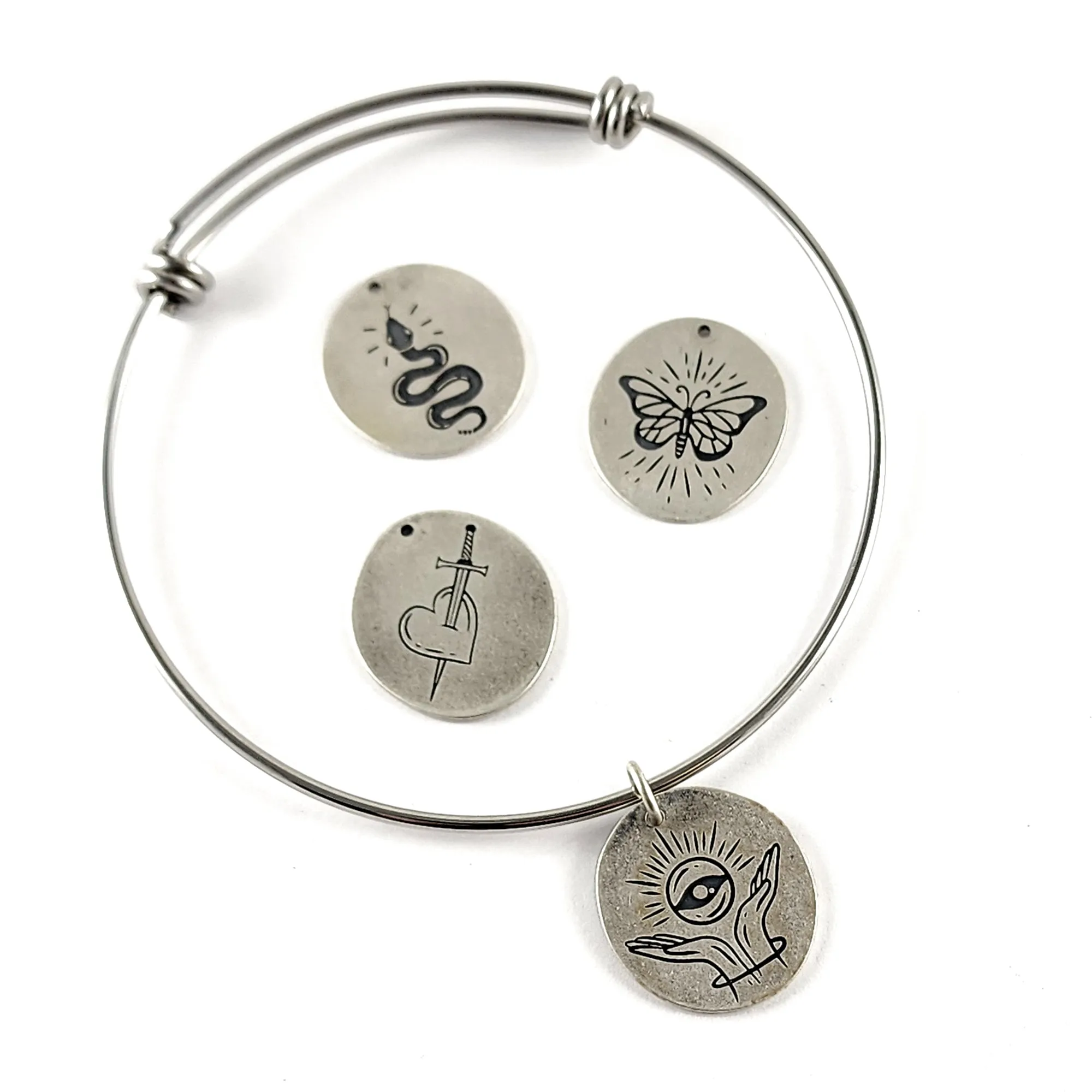 Recycled Coin Silver Mystic Tattoo Engraved Large Charm Bracelet