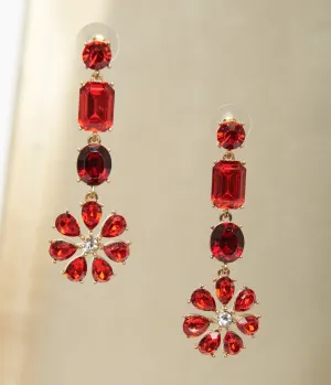 Red Rhinestone Floral Drop Earrings