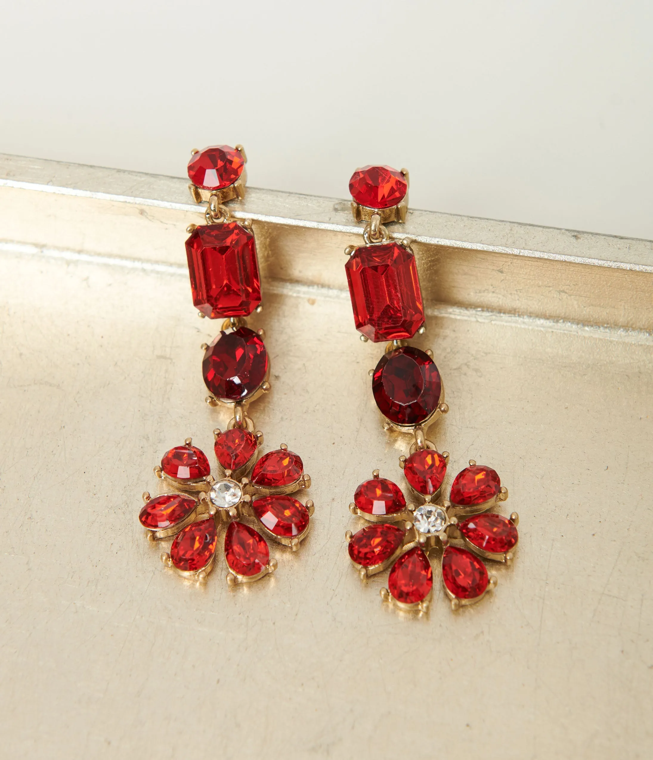 Red Rhinestone Floral Drop Earrings