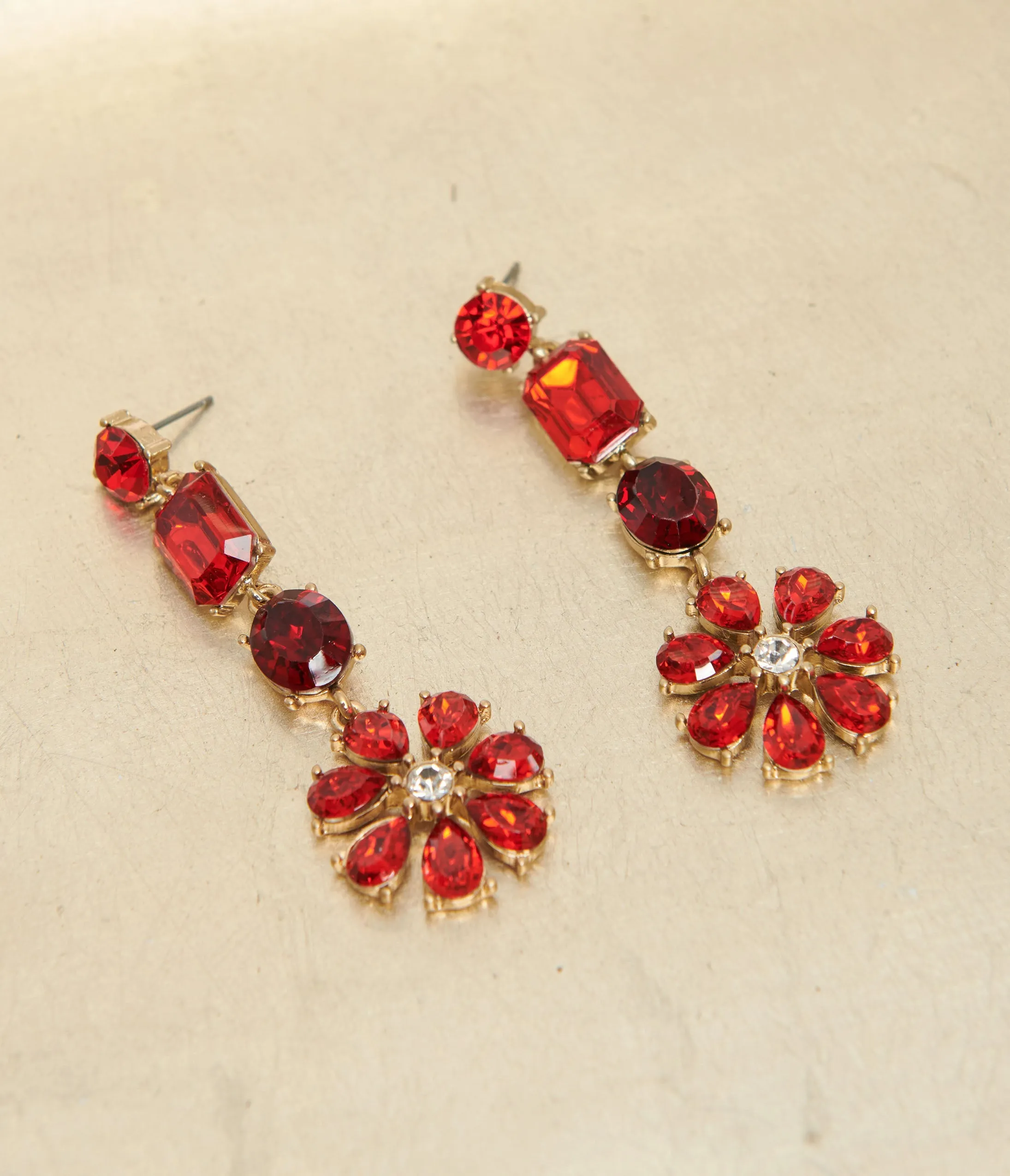 Red Rhinestone Floral Drop Earrings