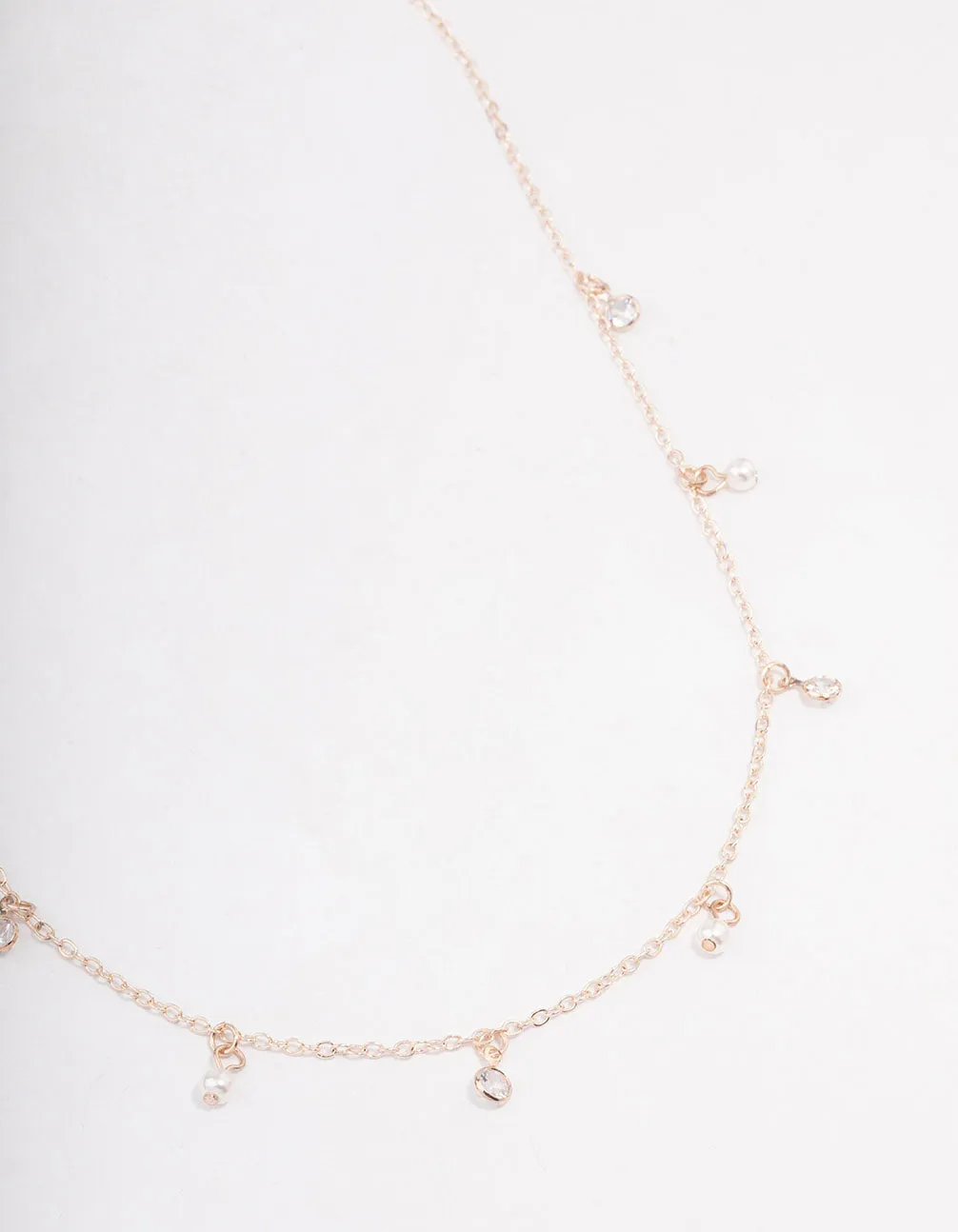 Rose Gold Diamante & Pearl Drop Station Necklace