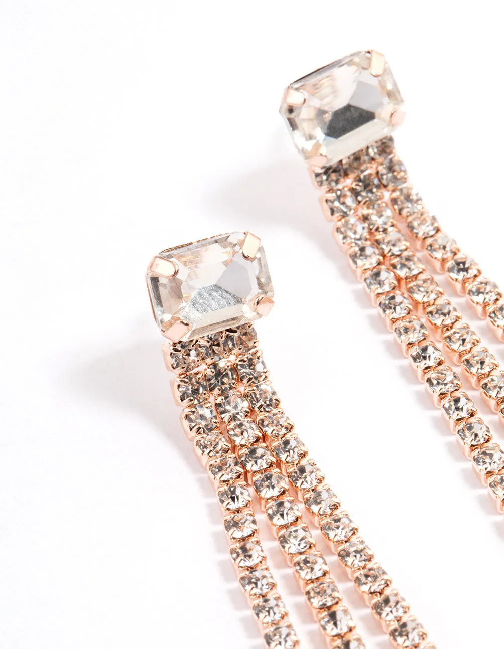 Rose Gold Stone Cup Chain Triple Row Drop Earrings