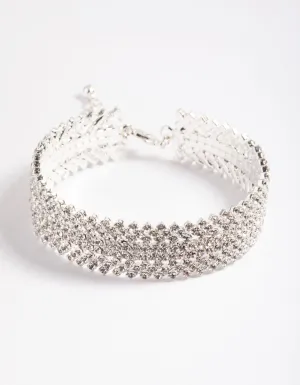 Silver 9 Row Twist Diamante Cuff Bangle