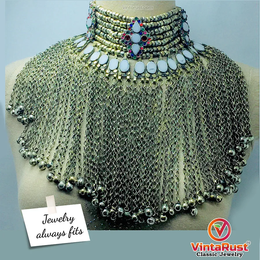 Silver Gypsy Choker Necklace With Long Dangling Bells