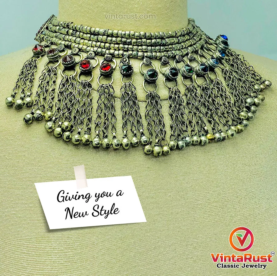 Silver Metallic Beaded Choker Necklace With Multicolor Glass Stones