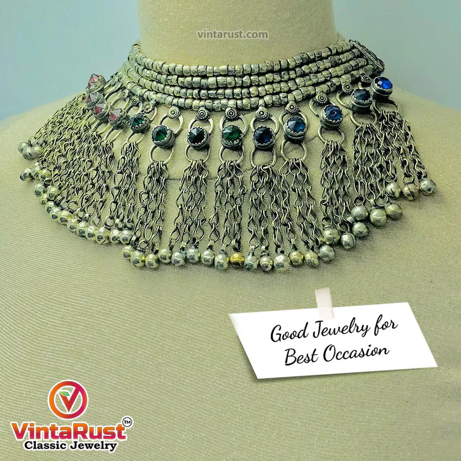 Silver Metallic Beaded Choker Necklace With Multicolor Glass Stones