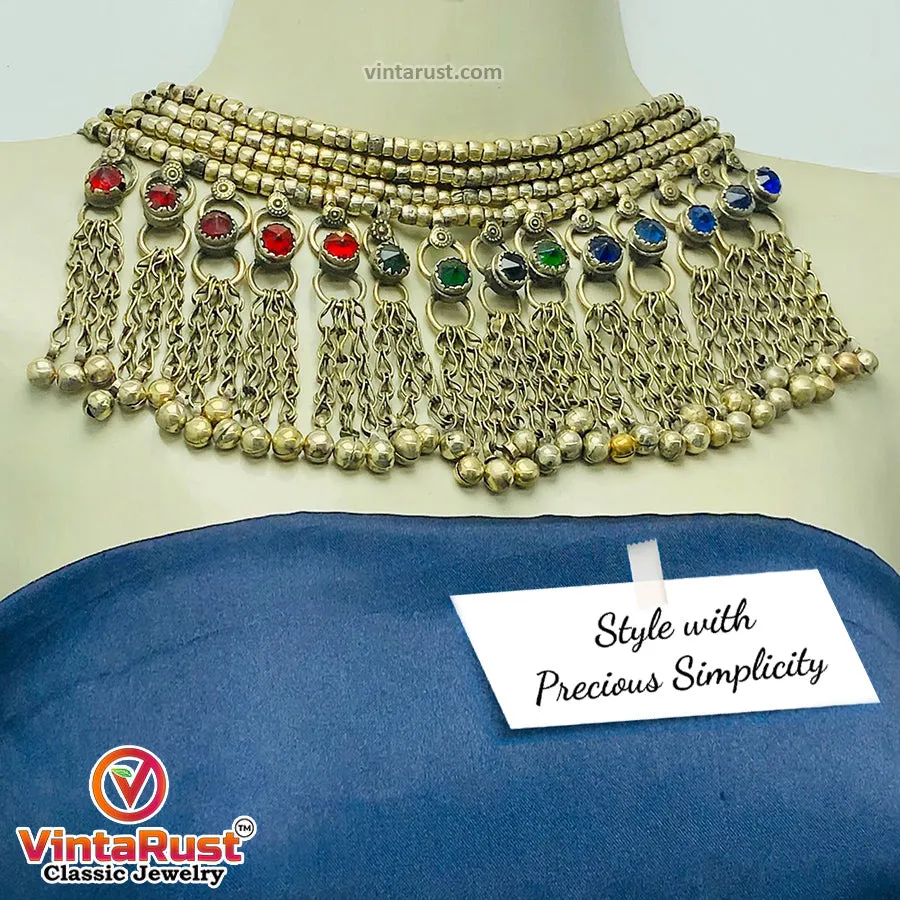 Silver Metallic Beaded Choker Necklace With Multicolor Glass Stones