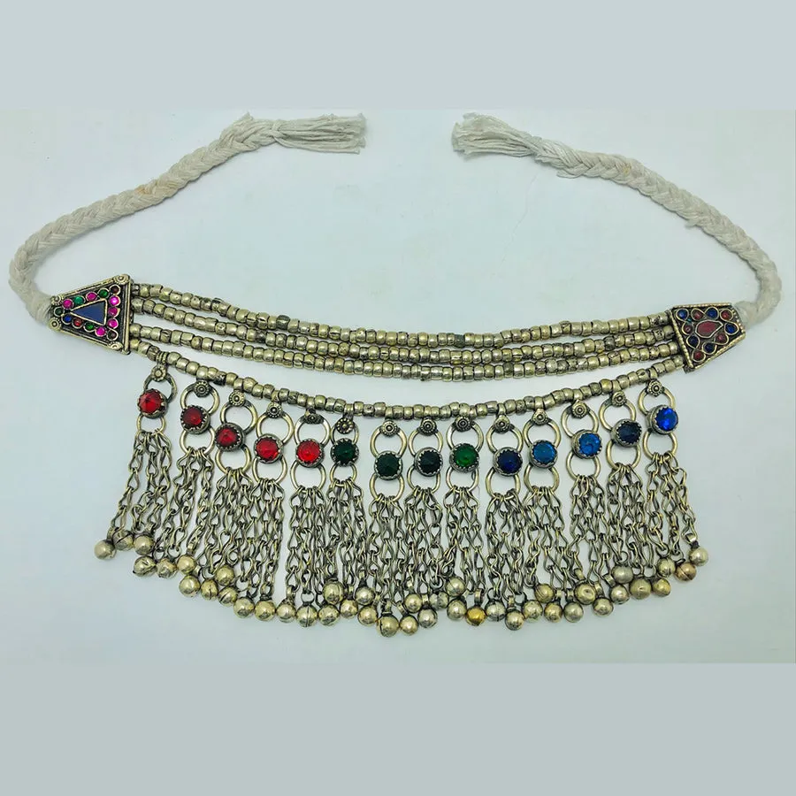 Silver Metallic Beaded Choker Necklace With Multicolor Glass Stones