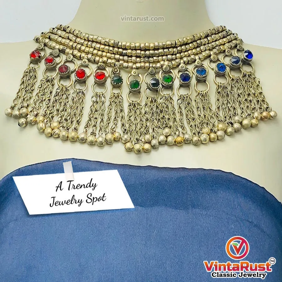 Silver Metallic Beaded Choker Necklace With Multicolor Glass Stones