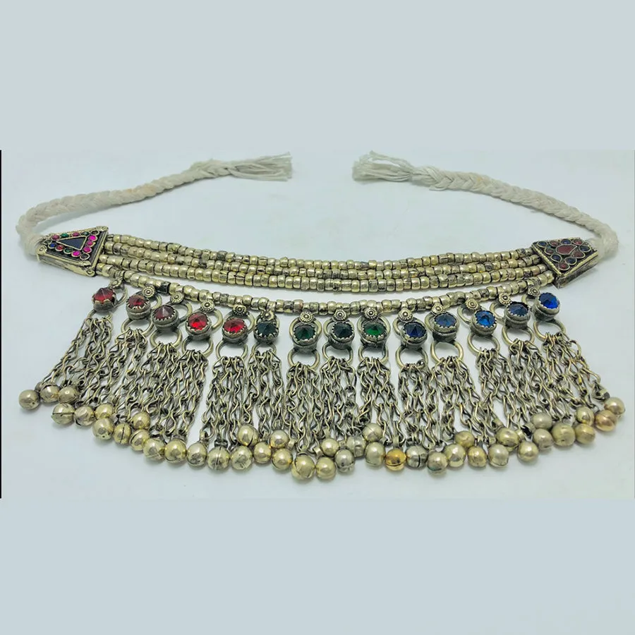 Silver Metallic Beaded Choker Necklace With Multicolor Glass Stones