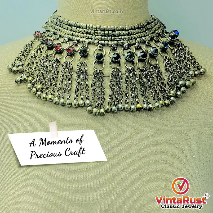 Silver Metallic Beaded Choker Necklace With Multicolor Glass Stones