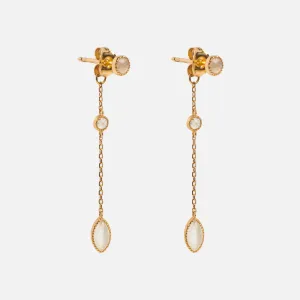 Solid Gold 9 Lives Cats Eye Moonstone Drop Earrings