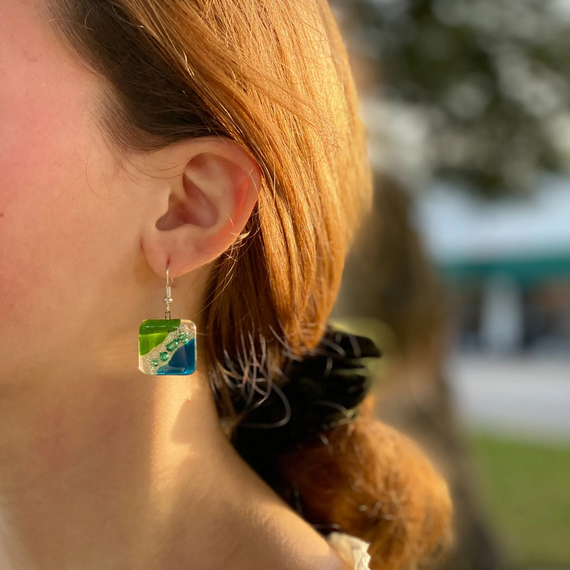 Square Glass Dangle Earrings Blue Green Waves Tili Glass